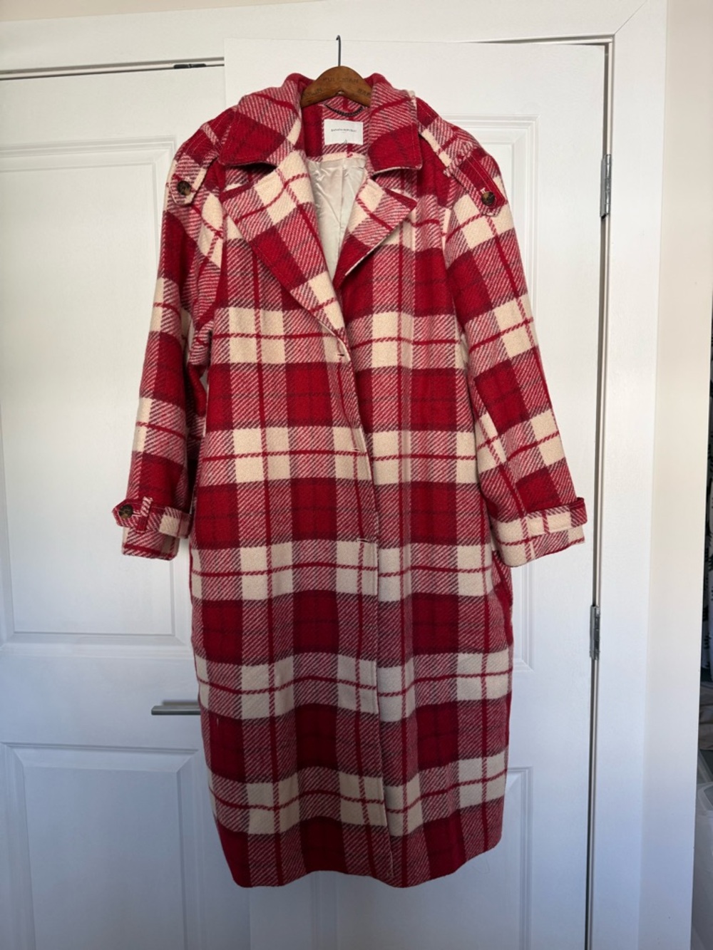 Banana Republic Red and Cream Plaid Coat with Chain Detail